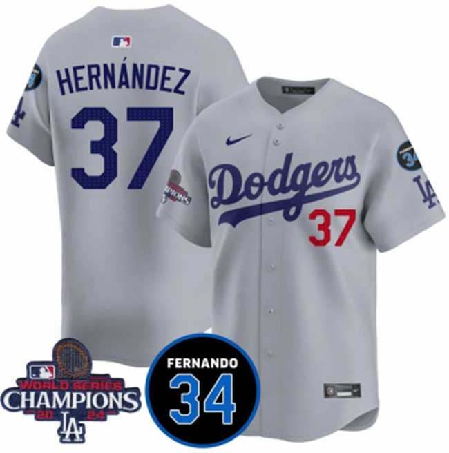 Mens Los Angeles Dodgers #37 Teoscar Hernandez Gray 2024 World Series Champions With Fernando Memorial Patch Vapor Premier Limited Stitched Jersey Dzhi